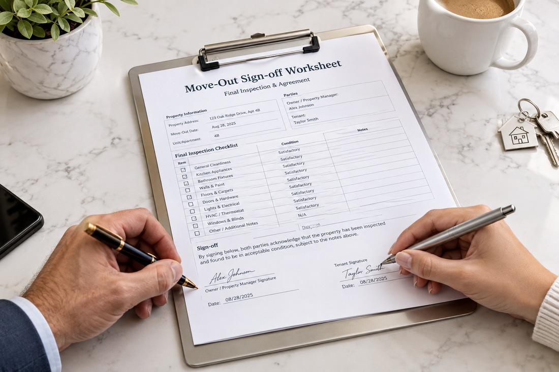 Landlord and resident reviewing a move-out inspection sign-off sheet