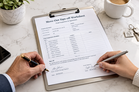 Landlord and resident reviewing a move-out inspection sign-off sheet