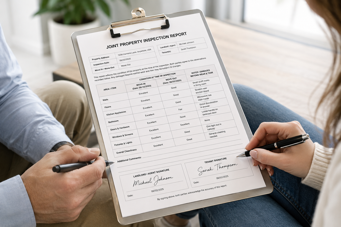 Landlord and tenant completing move-in property documentation together