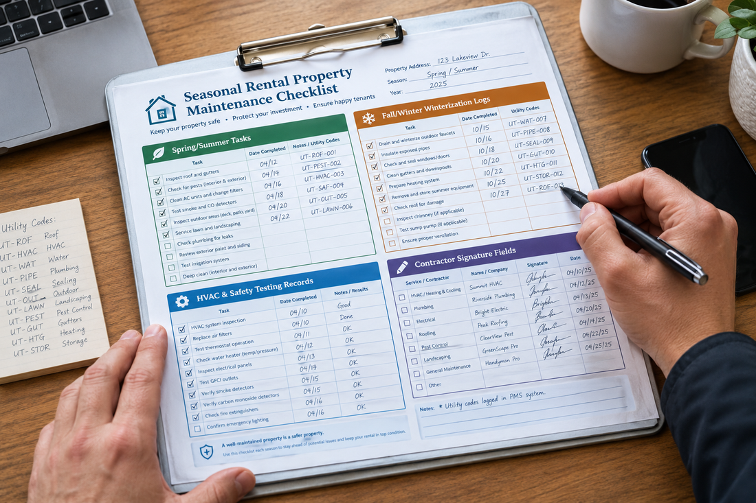 Landlord completing a seasonal rental property maintenance checklist