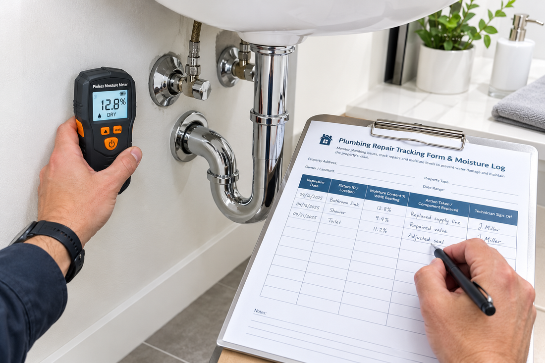 Landlord documenting a plumbing repair and moisture follow-up
