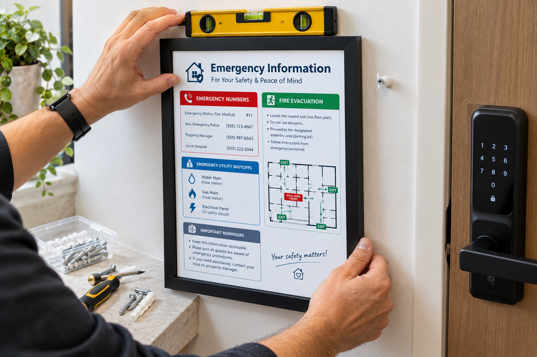 Short-term rental host posting an emergency information sheet for guests