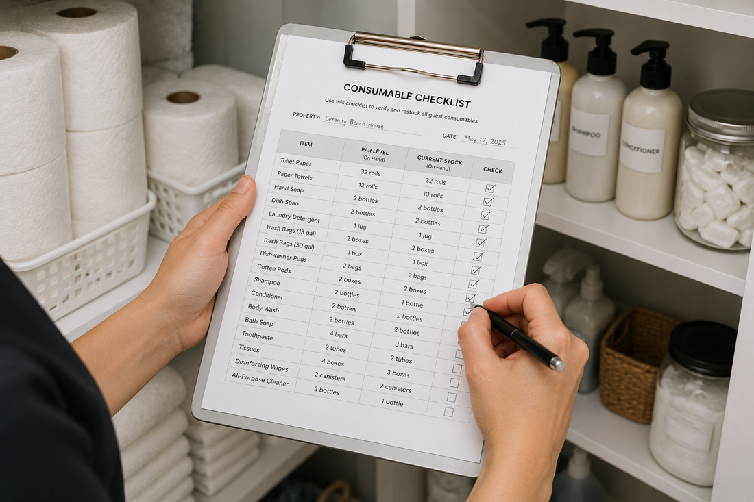 Vacation rental cleaner checking consumable supply levels