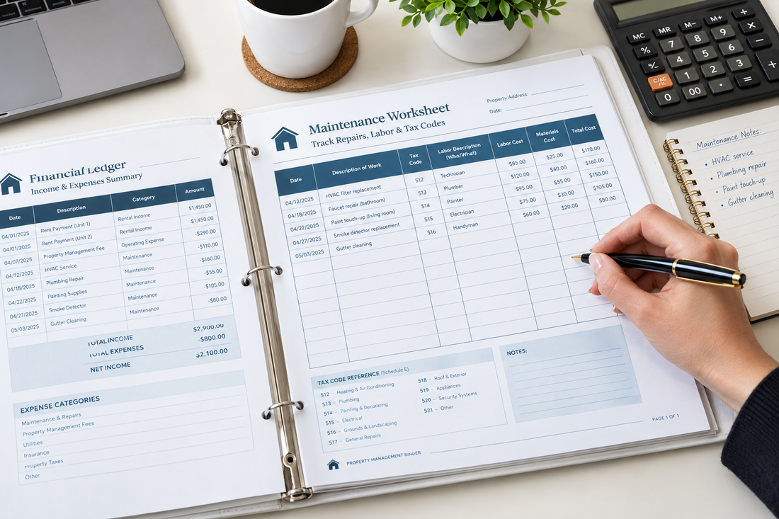Rental property owner recording maintenance and expense details for tax records