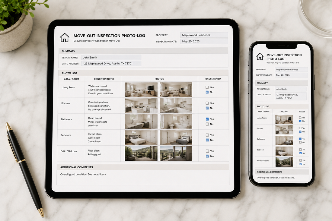 Fillable property management templates displayed on digital devices