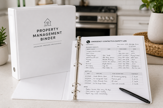 Property management binder open to emergency information records