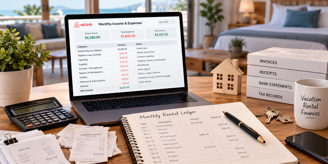 Airbnb monthly income and expense tracking with payouts fees cleaning supplies maintenance and records