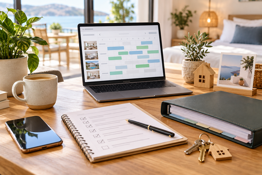 Airbnb management workspace with calendar binder and property checklist