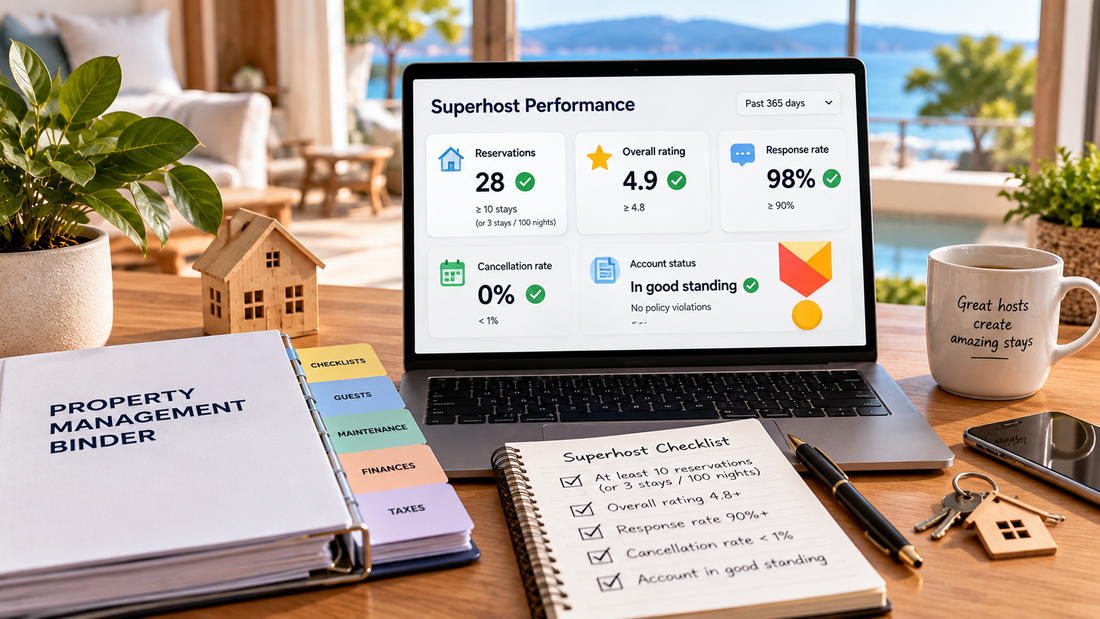 Airbnb Superhost requirements dashboard with reservation rating response and cancellation metrics