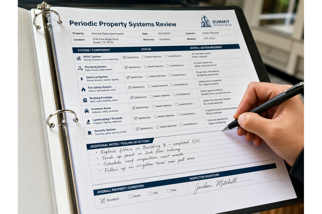 Landlord completing a routine rental property inspection checklist