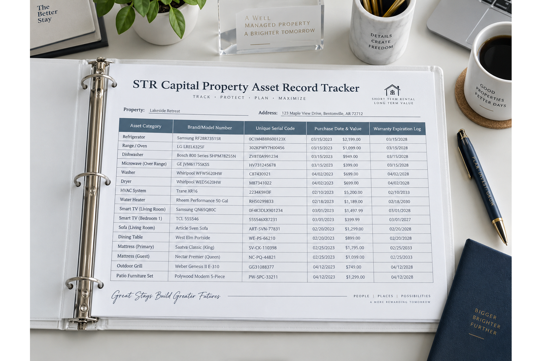 Printed property record tracker illustrating a structured landlord tracking system