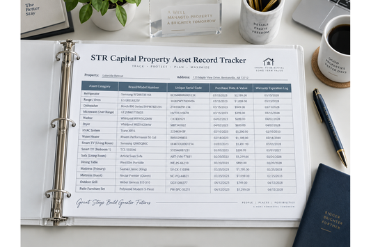 Printed property record tracker illustrating a structured landlord tracking system