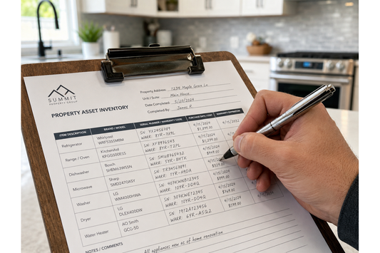 Rental property asset inventory log during an apartment walkthrough