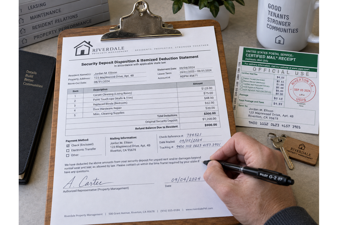 Property manager preparing an itemized security deposit statement