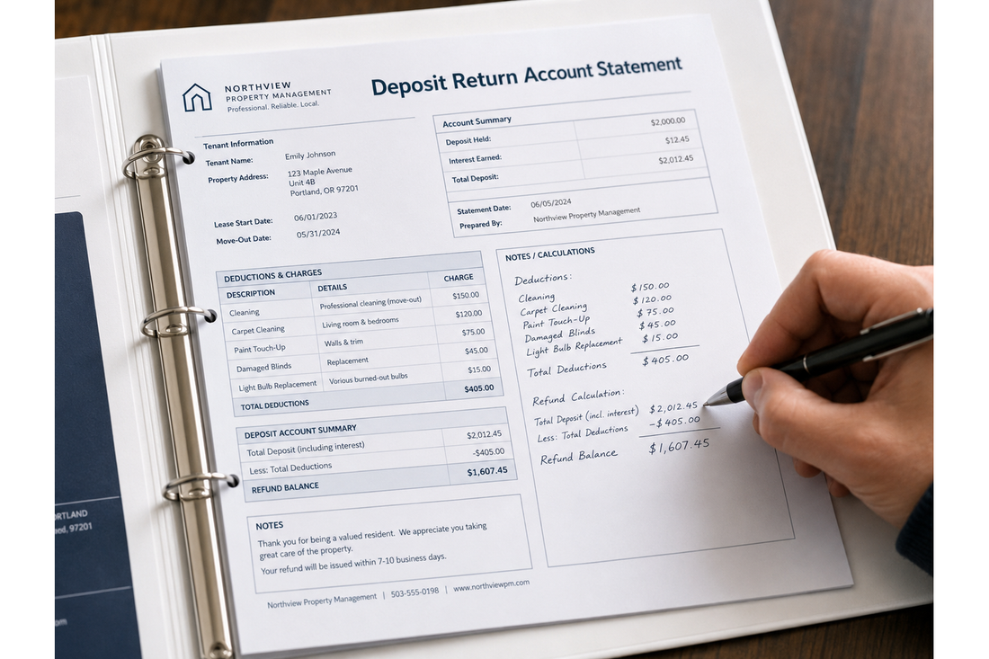 Landlord completing a security deposit accounting record at a desk