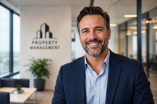 Property management professional reviewing organized landlord communication records