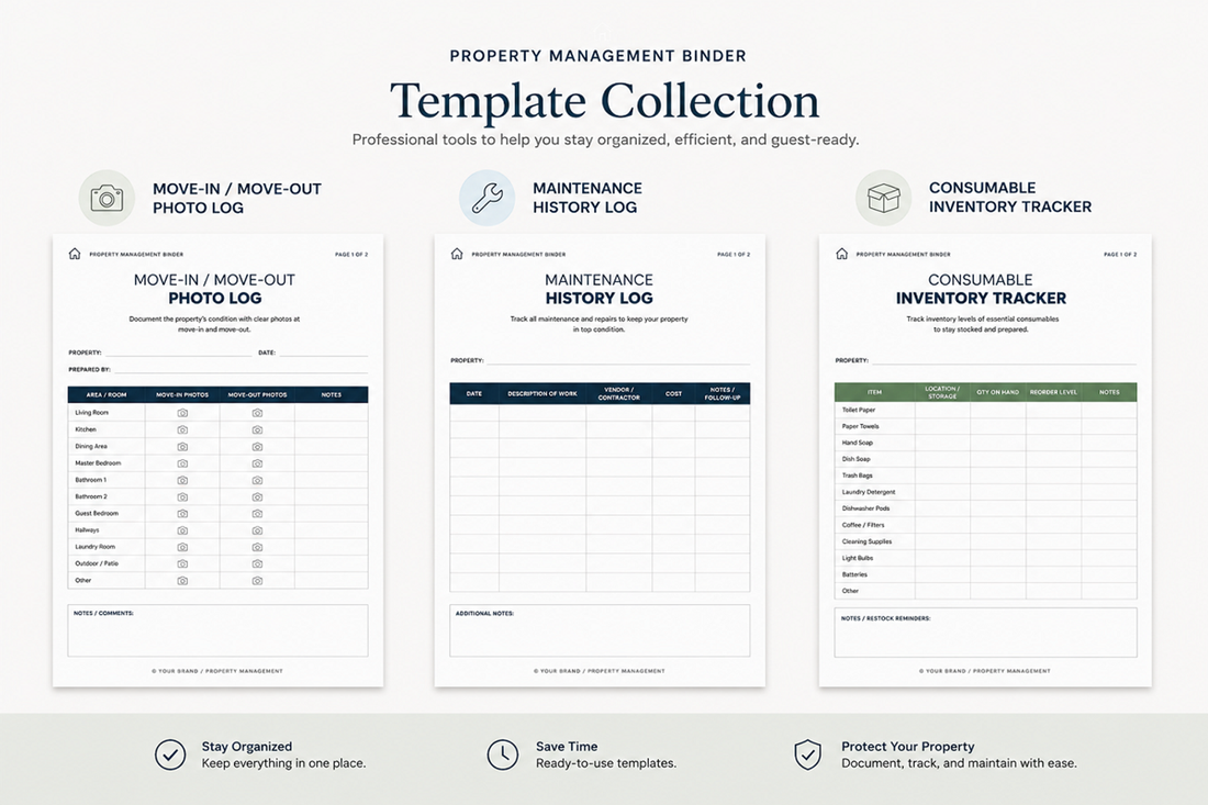 Printable property management binder used to organize tenant information records