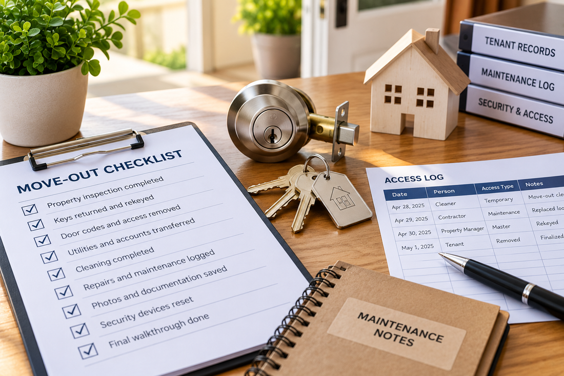 Rental property rekeying after tenant move-out with access log and keys