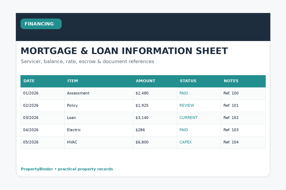Rental property mortgage and loan information sheet