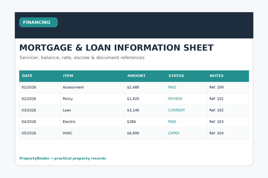 Rental property mortgage and loan information sheet
