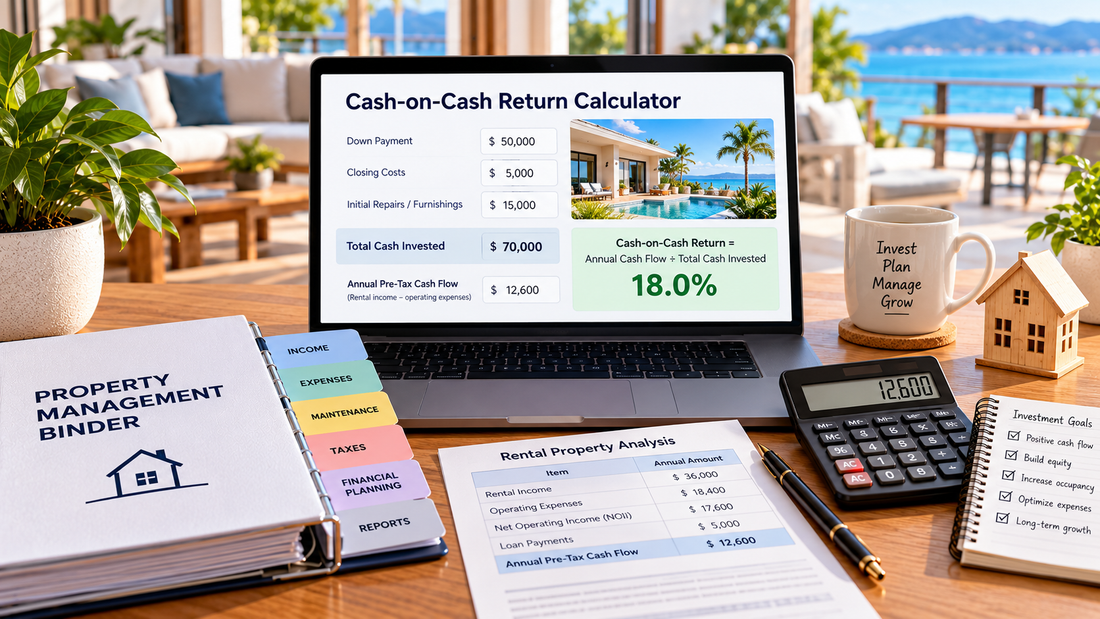 Rental property cash-on-cash return calculator using annual cash flow and total cash invested