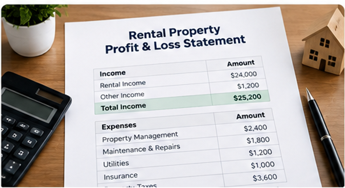 Rental property profit and loss statement template with income and expense categories