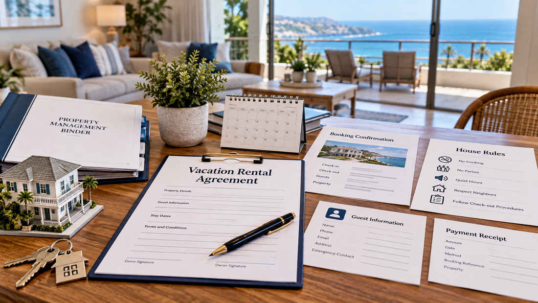 Vacation rental agreement with guest information house rules payment record and property documents