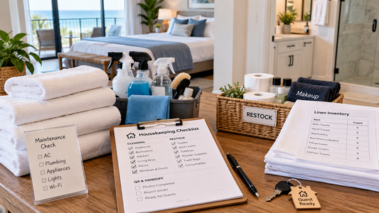 Vacation rental housekeeping system with cleaning checklist linen inventory and restocking