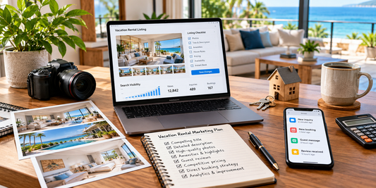 Vacation rental marketing checklist with listing photos title amenities pricing reviews and booking analytics