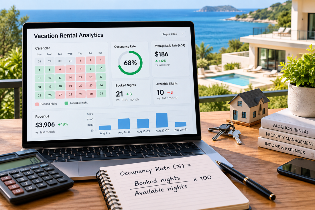 Vacation rental occupancy dashboard with booked nights available nights average daily rate and revenue
