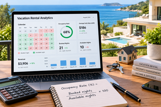 Vacation rental occupancy dashboard with booked nights available nights average daily rate and revenue