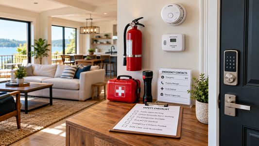 Vacation rental safety setup with smoke and carbon monoxide alarms fire extinguisher first aid kit and emergency contacts