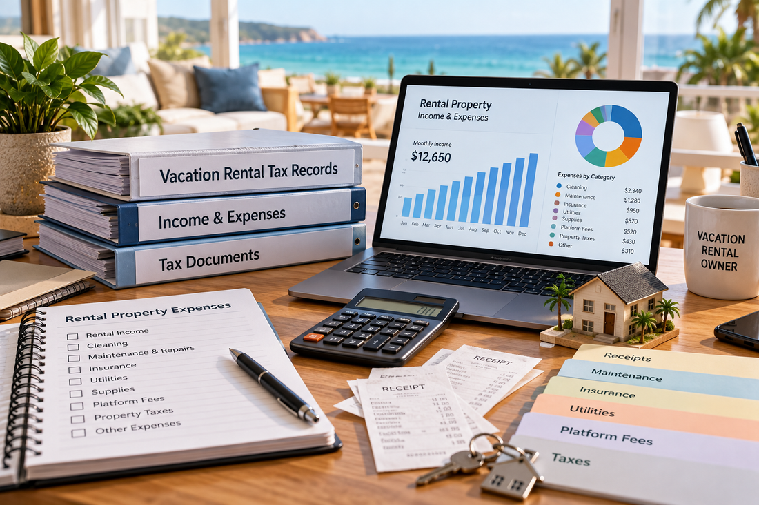 Vacation rental tax records with income expenses receipts calculator and property documents