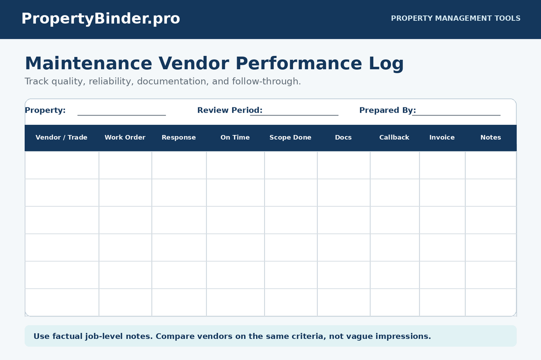 Maintenance vendor performance log